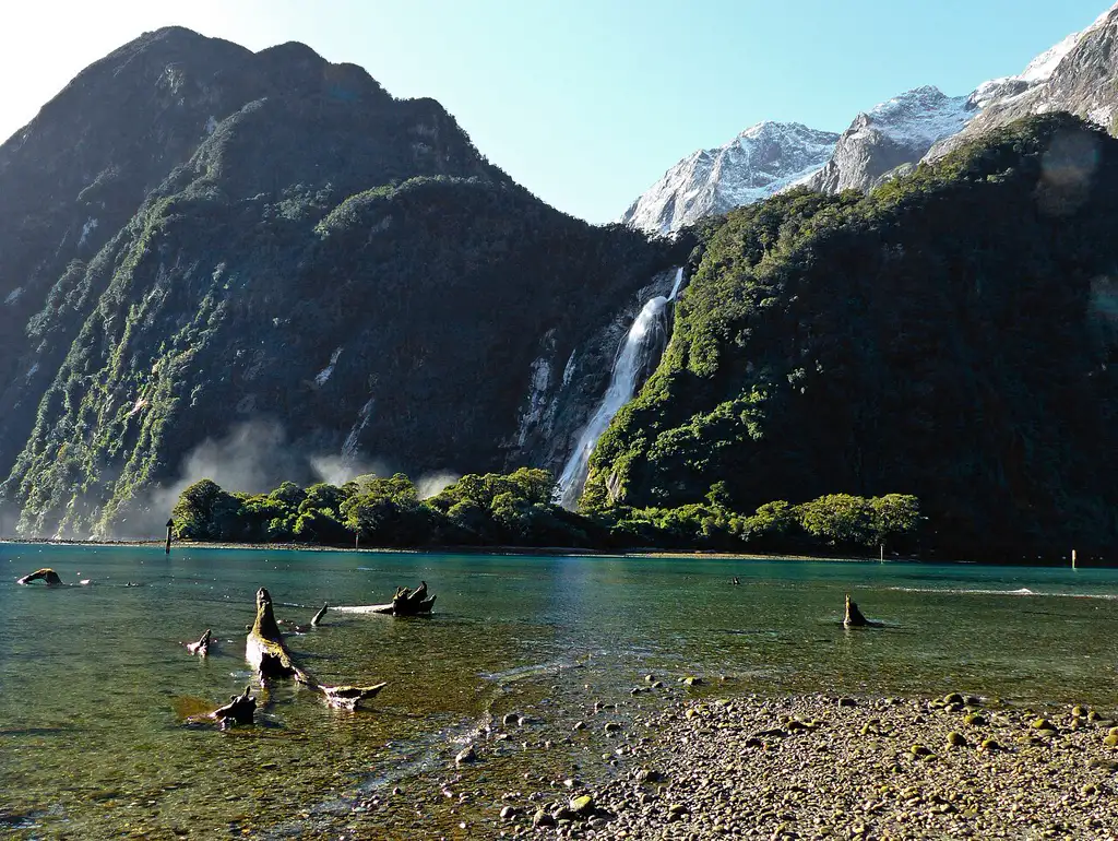 Fiordo en el Parque Nacional Fiordland, con acantilados abruptos, cascadas y paseos en barco entre focas y delfines.